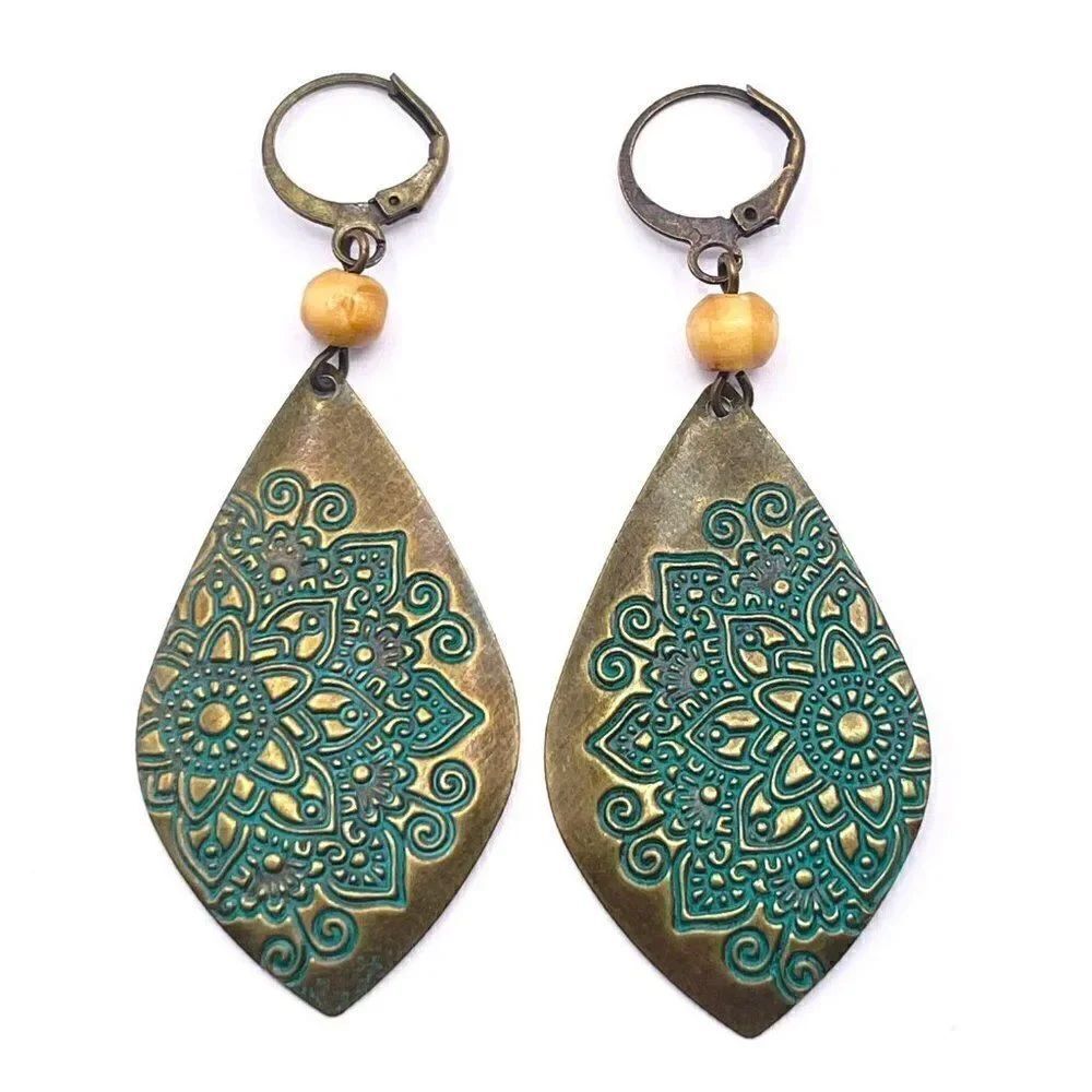 Copper with Blue Patina Mandala Boho Style Hinged Hoop Dangling Earrings